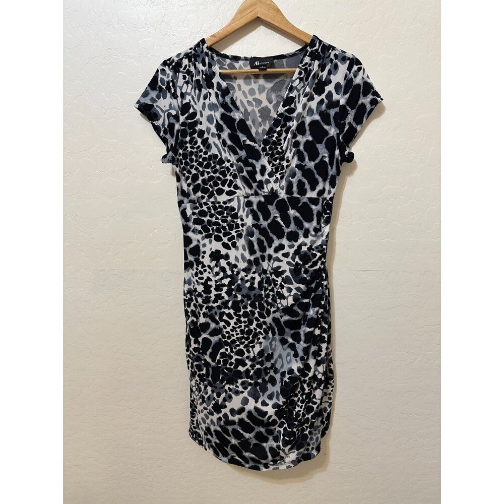 AB Studio Womans Y2K Babydoll Animal Print Mini Dress Size L Bodycon 90s V neck‎